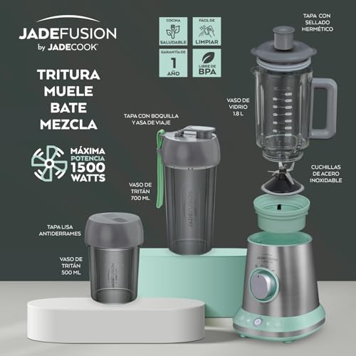 JadeCook Licuadora Procesador de Alimentos Jade Fusion de 8 Piezas con Vaso de Vidrio 1.8 Litros 1500w Tritura Bate Mezcla Cuchillas de Acero Inoxidable Incluye 2 Vasos Smoothies Batidos Frappe