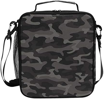 Camouflage Pattern Black Lunch Bag Insulated Lunch Box Cooler Shoulder Strap Meal Prep for Women Men Boy Girl Large Tote Picnic School
