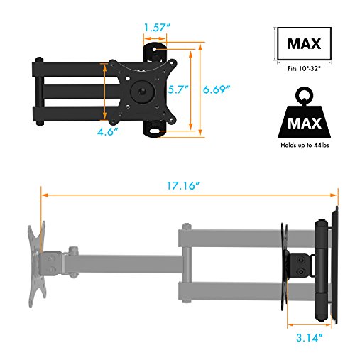 Full Motion TV Wall Mount for Most 10-32 Inch TVs - Wall Mount TV Bracket with Swivel & Extends 17”- TV Mount fits LED, LCD, OLED Flat Screen TVs up to 44lbs VESA 100X100 by Perlesmith