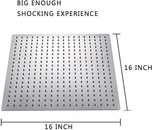Alta Presión Montaje Fijo de Cabeza de Ducha de lluvia-16 Pulgadas/40cm Gran Cuadrada 304 de Acero Inoxidable Ducha de Spray - 1/2'' Conector, Rotación de 360 Grados-con Boquilla de Silicona- Ultra Fino Ahorro de Agua Regaderas Fijas para Baño Gigante Piso Individual-RabbitStorm