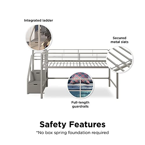 DHP Junior Twin Metal Loft Bed with Storage Steps, Multifunctional