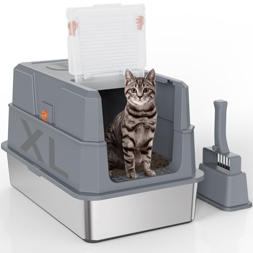 SZEE XL Stainless Steel Cat Litter Tray with 180° Hinged Lid, Large Closed Cat Litter Tray Stainless Steel with Lid, 59 x 38 x 38 cm, Dark Grey