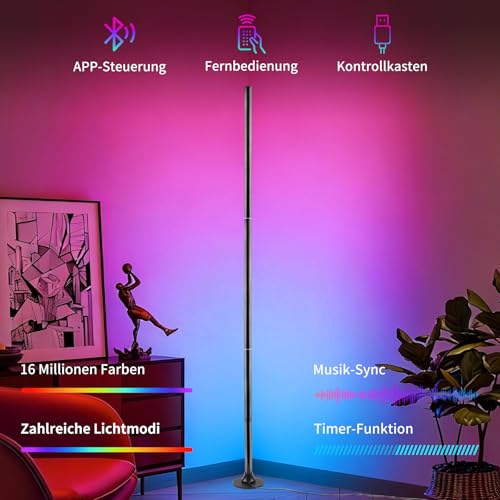 Aogled RGB Floor Lamp Dimmable 120 cm with App and Remote Control | 16 million colours, music sync, removable corner lamp, DIY mood light