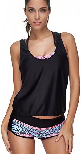 QingLemon Women Tribal Printed Tankini Set Soft Elastic Swimsuits With Boyshort 3 Piece Bikini (L(US6-8), Pink)