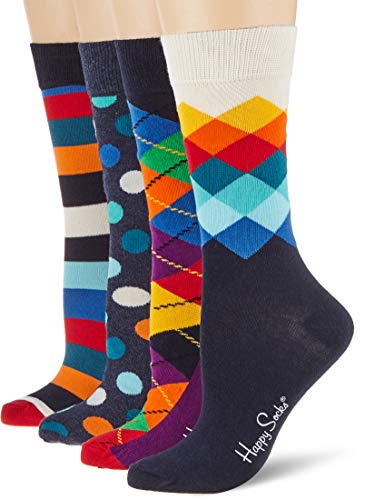Happy Socks, Assorted Colorful Premium Cotton Sock 4 Pair Gift Box for Men and Women, Mix Pattern Gift Box (10-13)