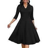 MarryUP Church Dress for Women V Neck 3/4 Sleeve Midi Causal Cocktail Party A-Line Dresses with Pockets
