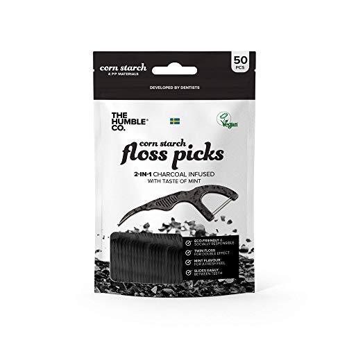 The Humble Co. Plant Based Floss Picks | Charcoal| Eco-Friendly, Vegan for Your Everyday Oral Care - Dentist Approved - Removes Plaque and Gives a Fresh Feel (2 x 50p)