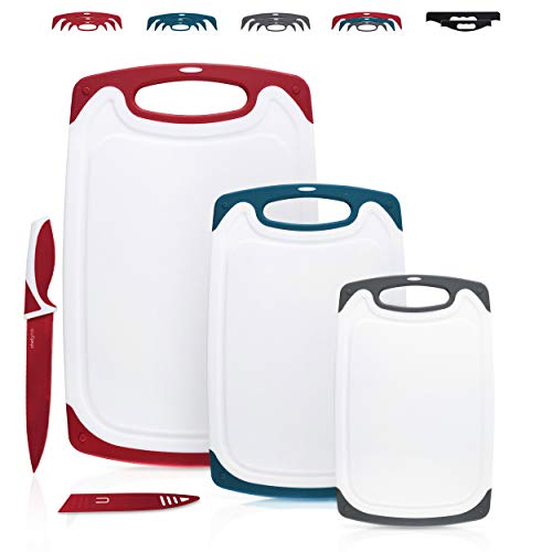 CHEF GRIDS Durable Plastic Cutting Board Set 3 Piece Chopping Board Thick Plastic, for Vegetable Meat or Cheese with Non-Slip Feet and Handles with Juice Groove | Plus Knife, Multi