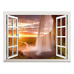 Removable Wall Sticker/Wall Mural - Majestic Waterfall at Sunset | Creative Window View Wall Decor - 24"x32"