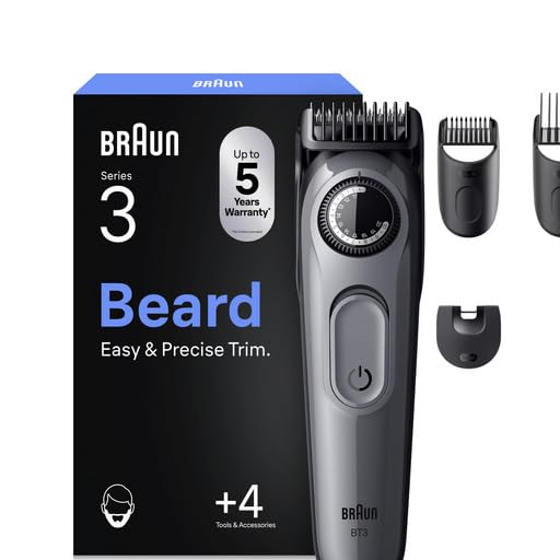 Braun Barttrimmer Series 3, Elektrischer Bartschneider Herren, 4 Zubehörteile, Ultrascharfe Klinge, 50 Min Akkulaufzeit, Kabelloser Bartrasierer, 40 Längen, BT3525, Grau