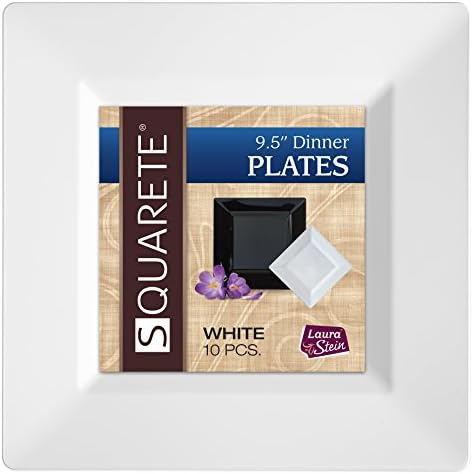 Squarete 9.5'' inch White Dinner Square Plates Hard Plastic Elegant Disposable. 10 Square Dinner Plates Per Package Pack of 4…