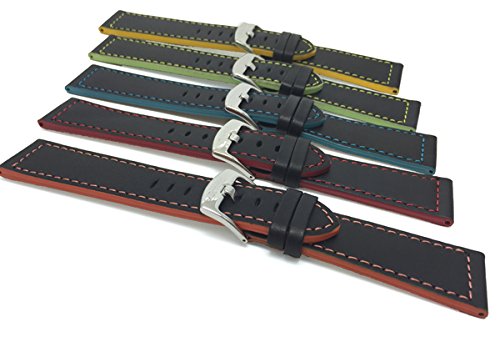 18mm to 24mm, Leather Watch Strap Band, Racer, Black with Red, Blue, Green, Yellow or Orange Stitching