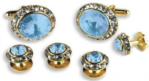 Medium Blue Stone Center Austrian Crystal Tuxedo Studs and Cufflinks Gold Trim