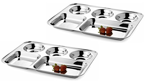 King International 100% Stainless Steel Five in one Dinner Plate Five sections divided plate Five section plate -Set of 2 Mess Trays Great for Camping, - 34 cm