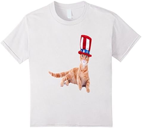 unisex-child 4th of July Shirt USA Orange Kitty Cat Uncle Sam Hat America 4 White