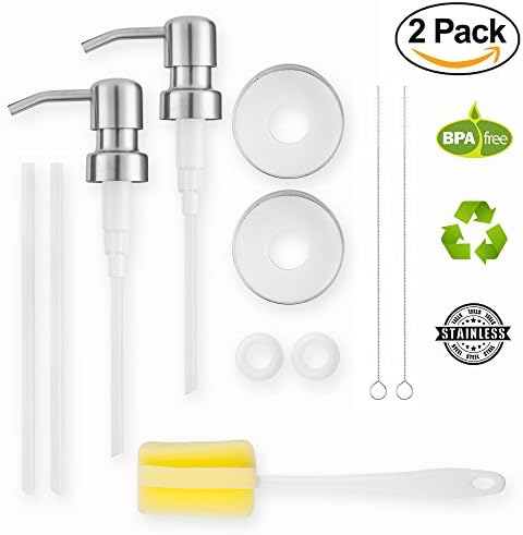DHUNI Mason Jar Vintage DIY Soap Shampoo Lotion Dispenser Pumps with Lids - Rust Proof Stainless Steel Bathroom Kitchen Accessories 2 Pack with Brushes Counter Top Collection-Jar not included.