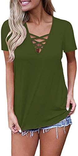 Adreamly Women's Short Sleeve Criss Cross V Neck Tops Basic Lace Up Blouse