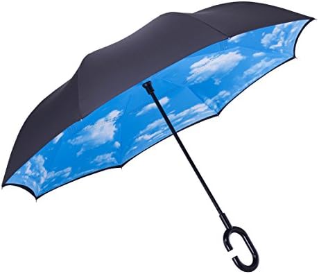 Inverted Umbrella,Umbrella,SKYROKU Creative Reverse Folding Umbrella Double Layer Hands Free Umbrella Windproof (Blue)