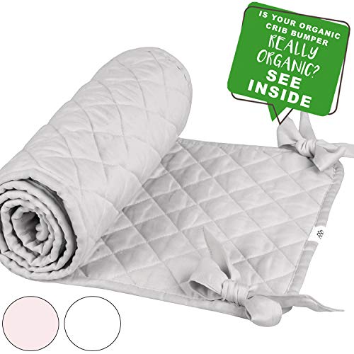 MakeMake Organics Organic Crib Bumper Pad GOTS Certified Organic Cotton Crib Bumper Pads Breathable Cotton Quilted Thinner Safe Hypoallergenic 4 PC Set Standard Crib Liner Boys Girls (160"x10", Grey)