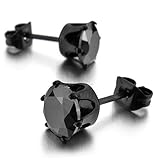INBLUE Men's Stainless Steel Stud Earrings CZ Black Royal King Crown Round