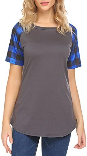 JQstar Women's Plus Size Plaid Raglan Short Sleeve Blouse Tunic Shirts Tops(Blue,XL)