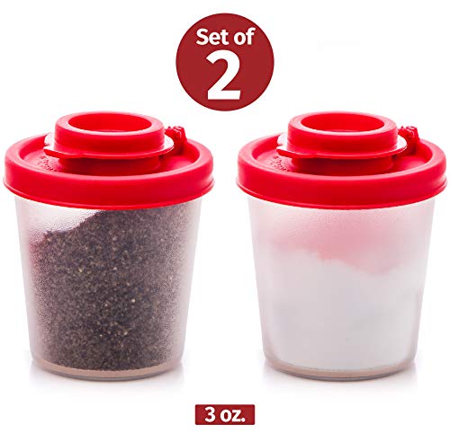 Salt and Pepper Shakers Moisture Proof Set of 2 Medium Salt Shaker to go Camping Picnic Outdoors Kitchen Lunch Boxes Travel Spice Set Clear with Red Covers Lids Plastic Airtight Spice Jar Dispenser