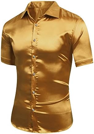 Louis Rouse Men's Silky Feeling Shiny Solid Color Slim Fit Dress Shirts (L, Golden)