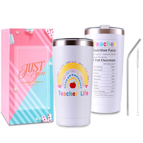 COSBERY Thank You Teacher Gifts for Women, 20Oz Stainless Steel Teacher Travel Mug with Lid and Straw, Best End of the Year/Christmas/Birthday/Leaving Gifts from Students/Parents