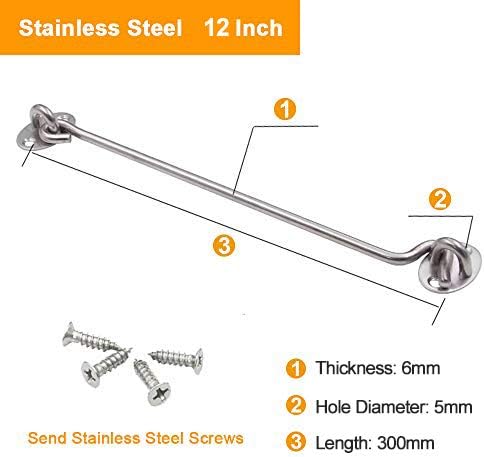 12 Inch-300mm Cabin Door Hook Bolts and Eye Latch Lock Shed Gate Catch Silent Holder Stainless Steel 2Pcs - Image 3