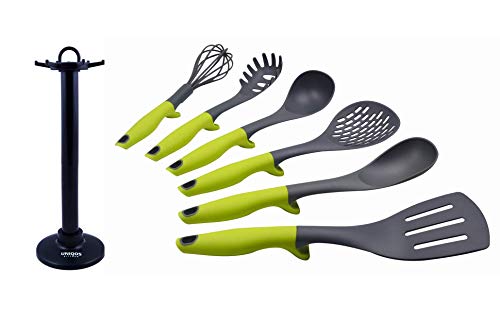Uniqos Kitchen 7-Piece Premium Quality Nonstick Cooking Utensil Set including Spoon, Soup Ladle, Slotted Turner, Skimmer, Whisk, Spaghetti Server, and Rotating Holder Organizer Stand