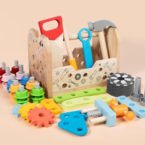 Wooden Car Tools Box, 39 Pieces Construction Games with Children's Apron, Tools Car Toys Children 2 Years Montessori Educational Games, Gift Boy Girls 2 3 4 Years