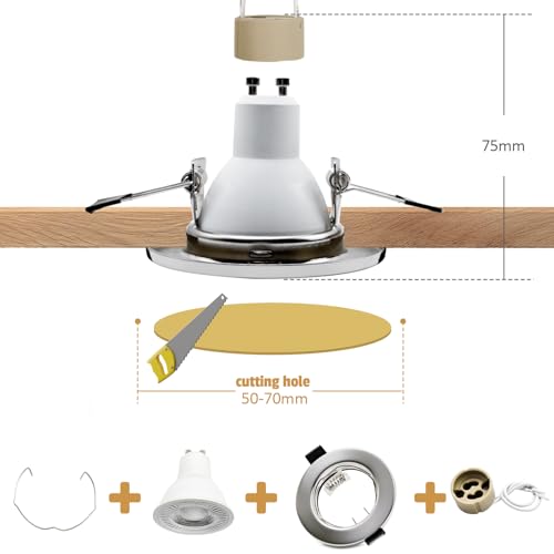 Recessed Frame for Spotlights – Brushed Metal Round, Incl. Socket for GU10 | Fit for 55-70 mm Holes | For 50 mm Lamp | Porthole Frame – Ideal for Bathroom, Living Room, Kitchen | 24 Pack