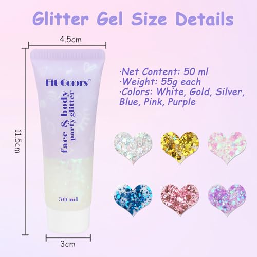 Set of 6 Body Glitter Gel, Glitter Gels, Face and Hair, Chunky Holographic Glitter for Makeup, Festival, Christmas, Easter, Party, Long-Lasting, Liquid Shimmer Gel for Eyes and Body