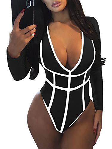 GOKATOSAU Women's Deep V-Neck Long Sleeve Sexy Triangle Bodysuit Stripe Jumpsuits