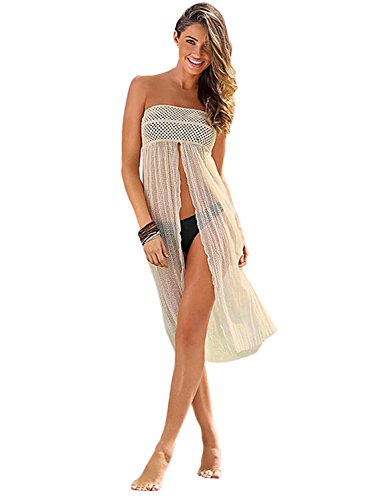 Anna-Kaci Women s Sexy Crochet Split Front Swimsuit Bikini Cover Up, Beige, Onesize