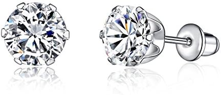 Unisex Classic 6-Prong Sterling Silver Stud Earrings With Hearts &amp; Arrows Cutting Simulated Diamonds &amp; Comfort Fit Earposts (B: 6mm)