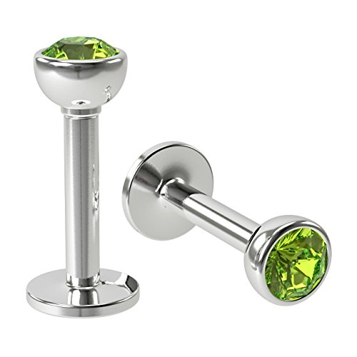 Green Peridot Labret Lip Stud 16G Peridot - Hypoallergenic 316L Surgical Steel (length: 6mm 1/4") x 2 set by BLING UNIQUE