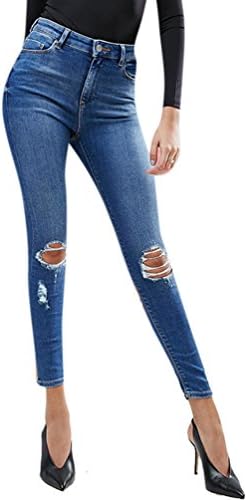 Women's Blue Fashion Mid-Waist Skinny Distressed Hole Jeans with Knee Rips Outfit 38