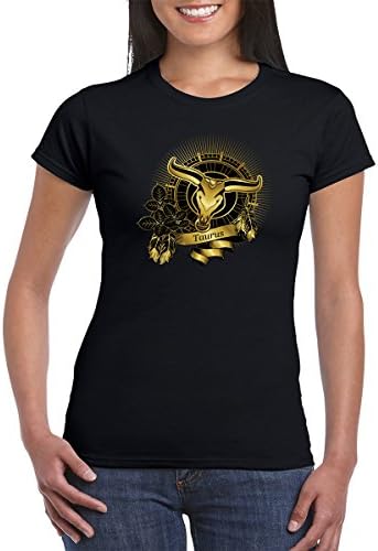 Urbanica Gold Taurus Zodiac Sign Figure Design Softstyle Womens Tshirt (Large, Black)