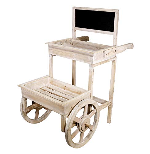 Alpine Corporation Wooden 2-Tier Plant Display Stand with Chalkboard and Wheels – Indoor and Outdoor Decor for Home, Garden, Patio, Deck, Porch
