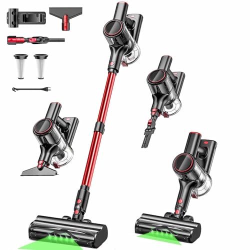 Cordless Vacuum Cleaner, 8-in-1 Vacuum Cleaners for Home, 45Mins Runtime, Anti-Tangle Stick Vacuum with LED Display, Rechargeable Lightweight Vacuum for Pet Hair/Carpet/Floor (Red)