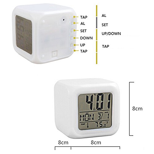 Zinnor Digital Alarm Thermometer Night Glowing Cube 7 Colors Clock Change LCD LED Changing Digital Alarm with Snooze,Music and Large Display-White