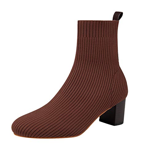 GATUXUS Women's Glove Chunky Mid Heel Ankle Boots Pointed Toe Knit Sock Style Booties Casual Warm Shoes (Darkbrown, numeric_9) at Amazon