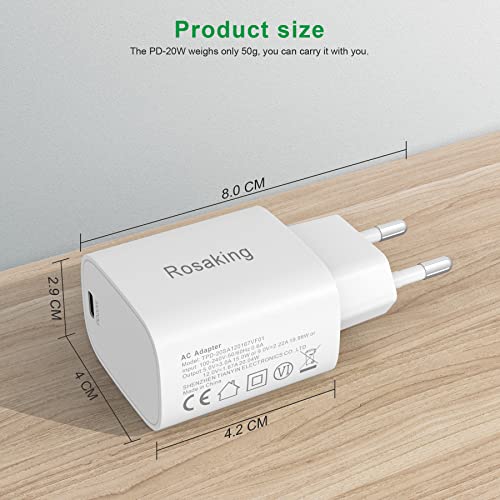 Rosaking USB C Ladegerät 20W,Netzteil USB C PD Schnellladegerät für iPhone14 Pro/Pro Max/14/Plus,20W USB C Adapter für Samsung Galaxy S23/S22/S21 Ultra/S21+/S20