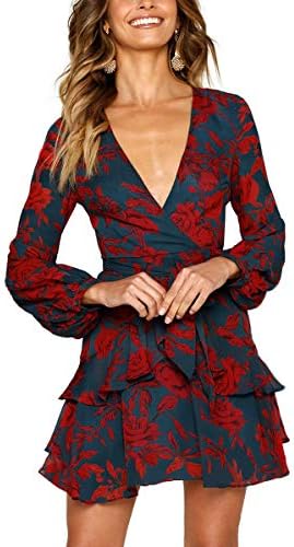 Aromelle Womens Dresses Floral Long Sleeve Wrap V Neck Tie Waist Mini Skater Dress