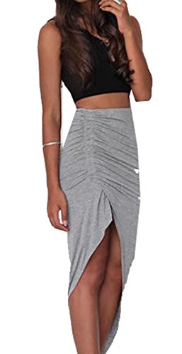 Honey GD Womens Stretchy Fabric Solid Asymmetrical Hem Long Skirt Grey M