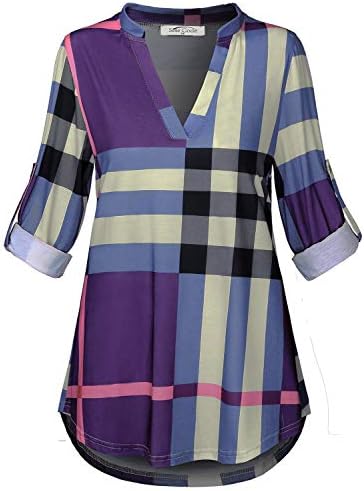 SeSe Code Womens 3/4 Roll Sleeve Shirt Notch Neck Loose Tops Plaid Tunic Blouse(FBA)