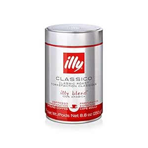 Illy Classico Espresso Ground Coffee, Medium Roast, Classic Roast with Notes of Chocolate &amp; Caramel, 100% Arabica Coffee, All-Natural, No Preservatives, 8.8 Ounce