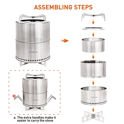 COOZOOM 15 Inch Large Smokeless Fire Pit with Stand Portable Stainless