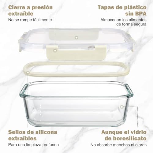 10 Piezas Recipientes de Vidrio con Tapas Herméticas, Reutilizables, Apto para Microondas, Horno, Congelador y Lavavajillas, Sin BPA, Fiambrera Cristal, Blanco